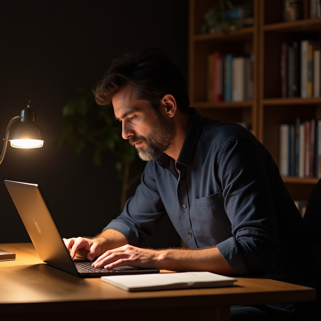 Freelancer soustředěně pracující v domácí kanceláři s minimalistickým nastavením